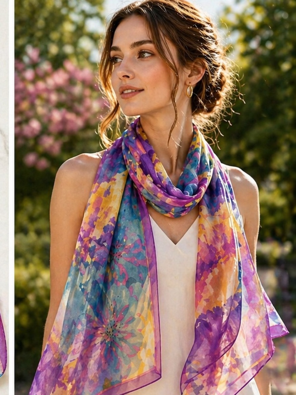 Purple Floral Silk Scarf - Lightweight Women’s Accessory